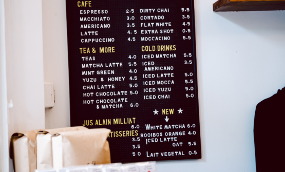 A chalkboard cafe drinks menu.